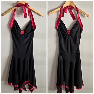 Y2K Taboo Black Red Halter Dress Satin Trim Jersey Stretch Pin Up XS